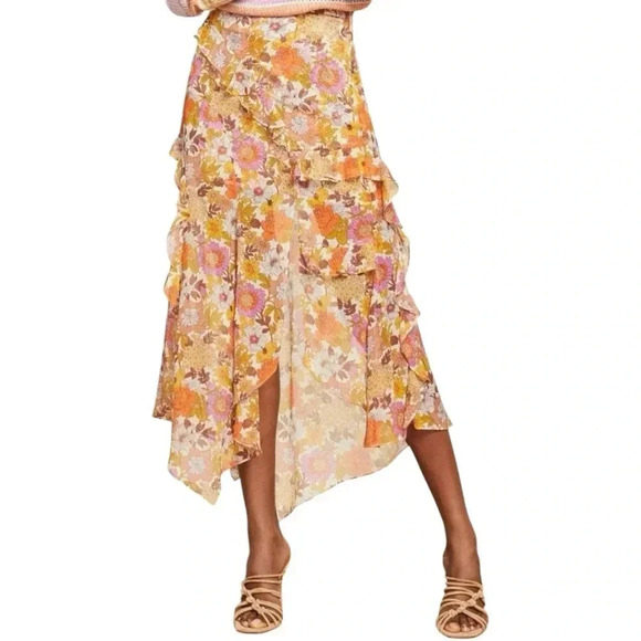VERONICA BEARDNWOT 100% Silk Garden Floral Eleonora Midi Skirt Stone Multi 6